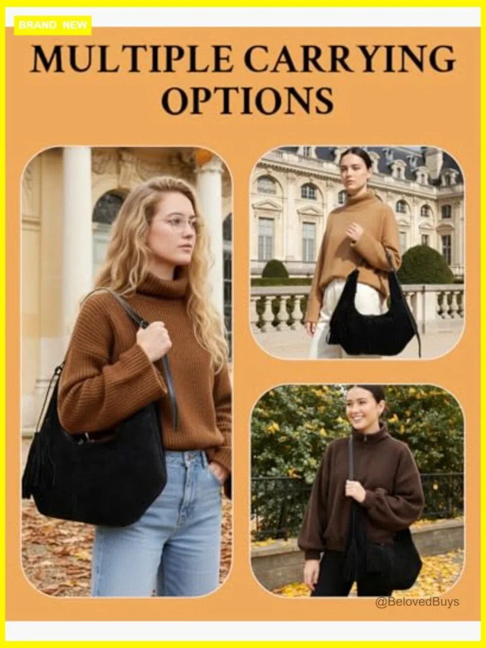Retro Suede Hobo Shoulder Bag Crescent Crossbody Purse Adjustable Strap